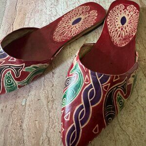8.5 Leather Bedouin Hand Painted Pointed Toe Slip On Flat Mules Fish Floral Red